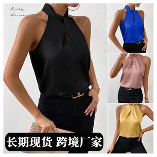 Simulated Top Top Satin Halter Tank Silk Sleeveless Womens