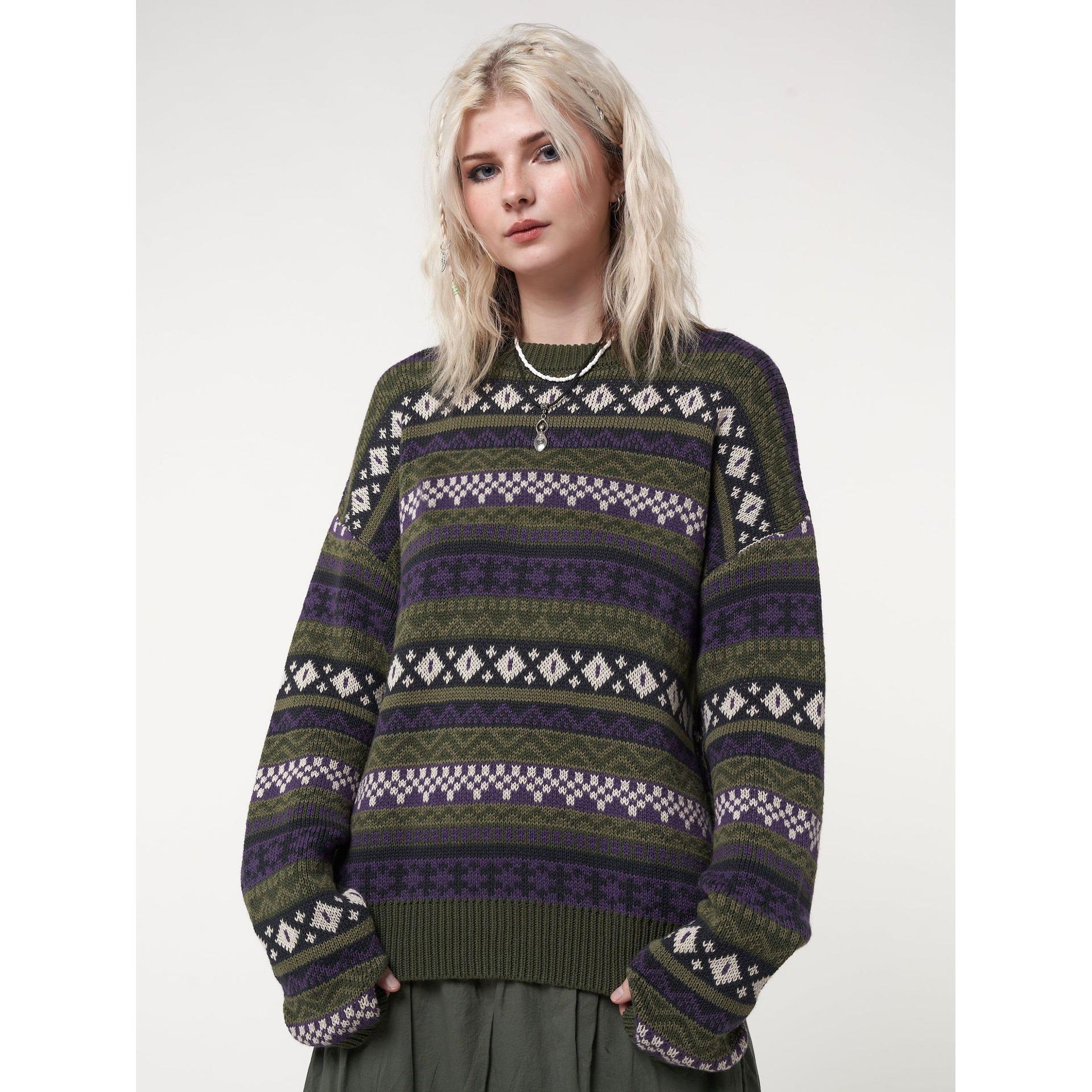 romantic floral long crew neck knitwear pullover sweater
