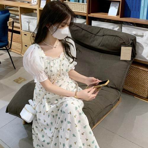 Square collar short sleeve waist slimming puff skirt floral