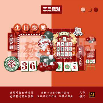 中式麻将爸爸妈妈生日麻将馆开业活动布置KT背景板素材AI源文件
