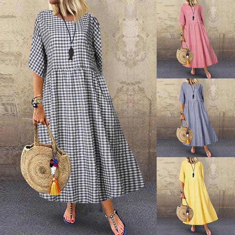 neck dress short-sleeved check casual temperament swing