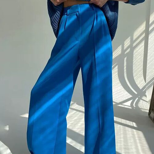 欧美通勤高腰宽松克莱因蓝休闲长裤垂感拖地裤女西裤casual pants