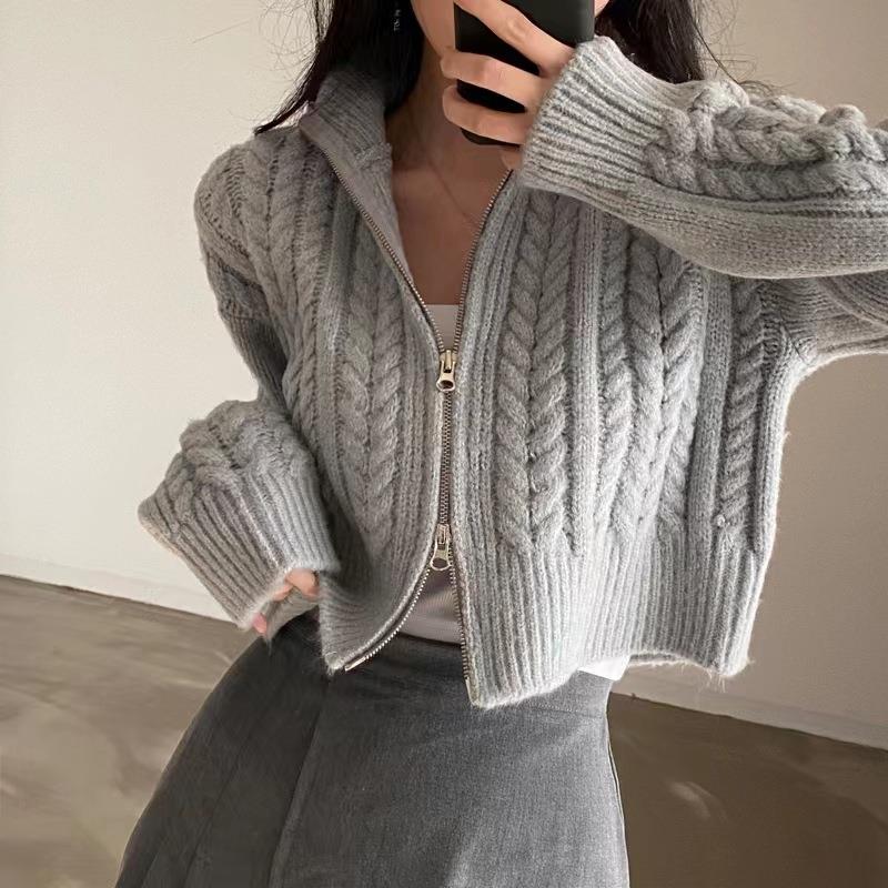 Knitted Student Double Cable Jacket Zipper Temperament
