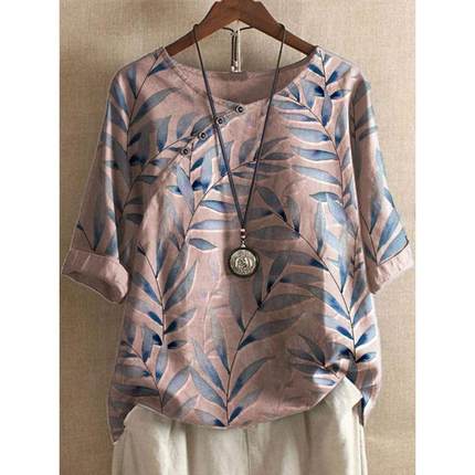 Summer round womens pullover short neck three-quarter pink