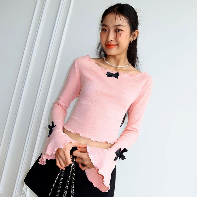 Womens bow T-shirt flared color ruffled long-sleeved