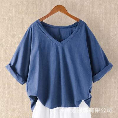V-neck pullover cotton and linen casual loose slim solid