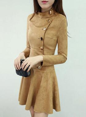 Stand Fashion Splicing Deerskin Long Dress Slim Womens