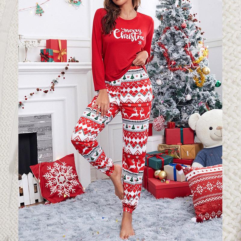 wear home pijamas loose suits trouser long elk print red