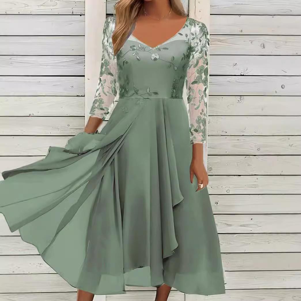 Dress Mesh Long V-Neck Hollow Bridesmaid Splicing Evening