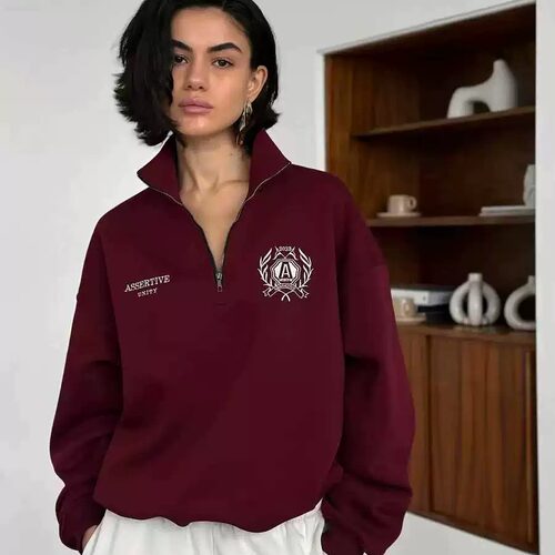 欧美新款宽松卫衣印花翻领半拉链上衣Loose printed half zip top