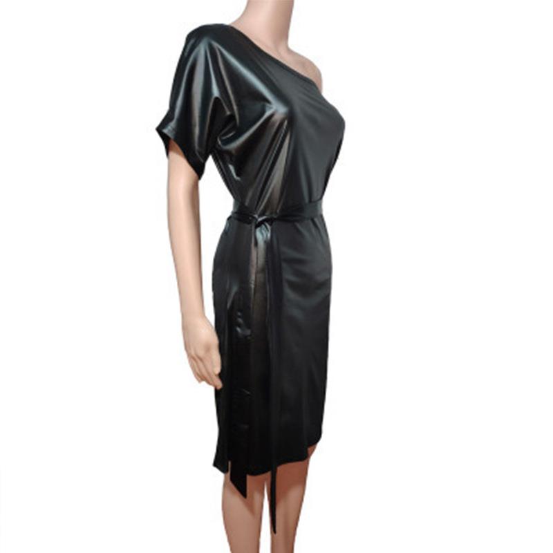 Fashion Faux Leather Dress Elastic Slant Collar Batwing