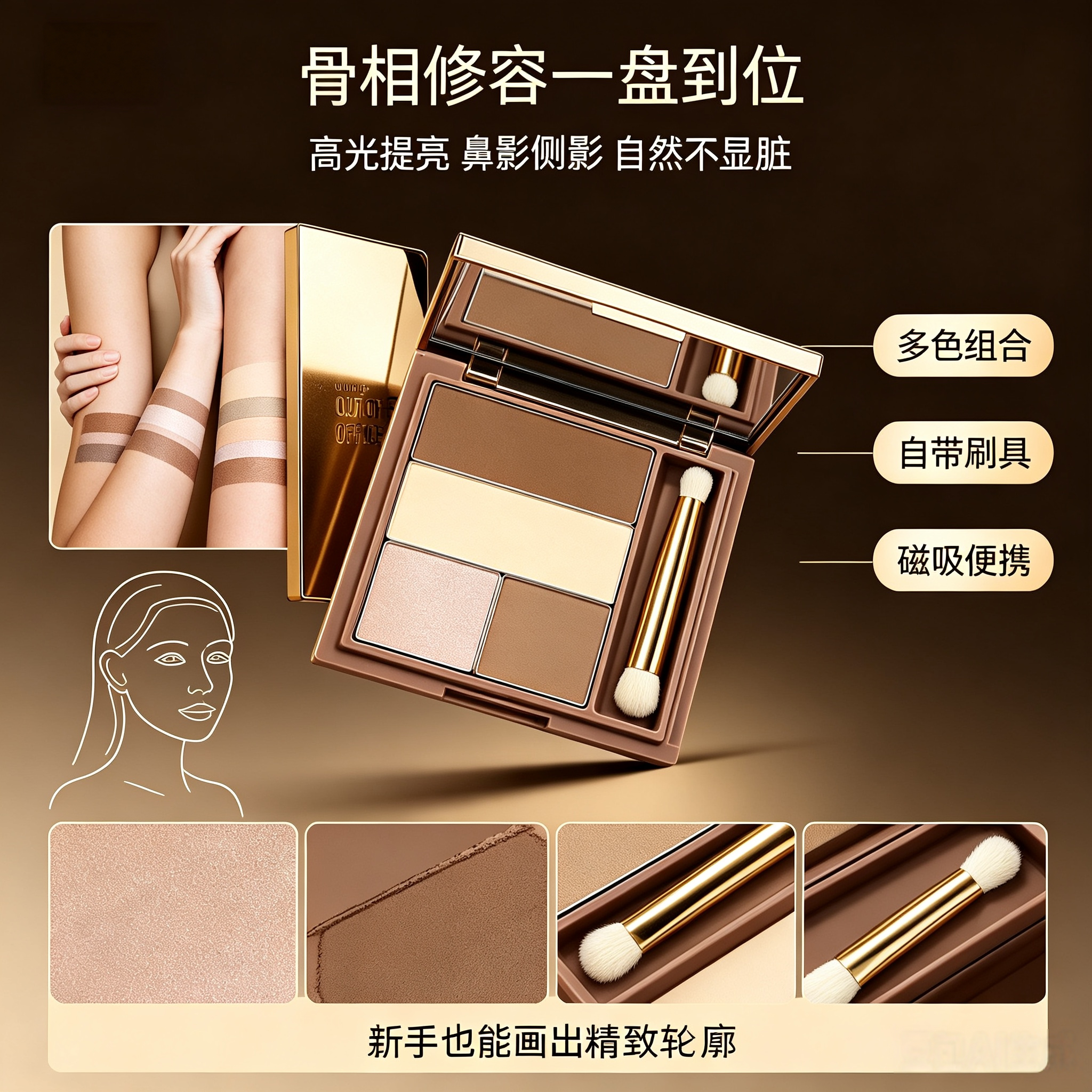【多色修容盘】自带化妆刷鼻影侧影提亮自然晕染塑造精致骨相妆容