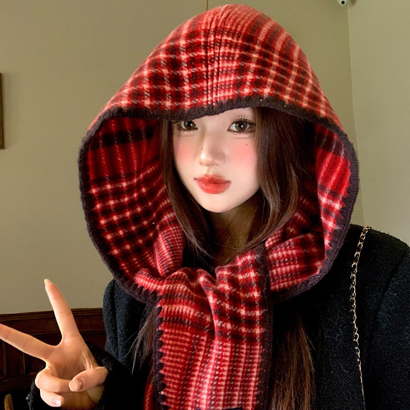红色复古格纹巴拉克拉法帽女秋冬季加厚保暖护耳护颈帽子围巾一体