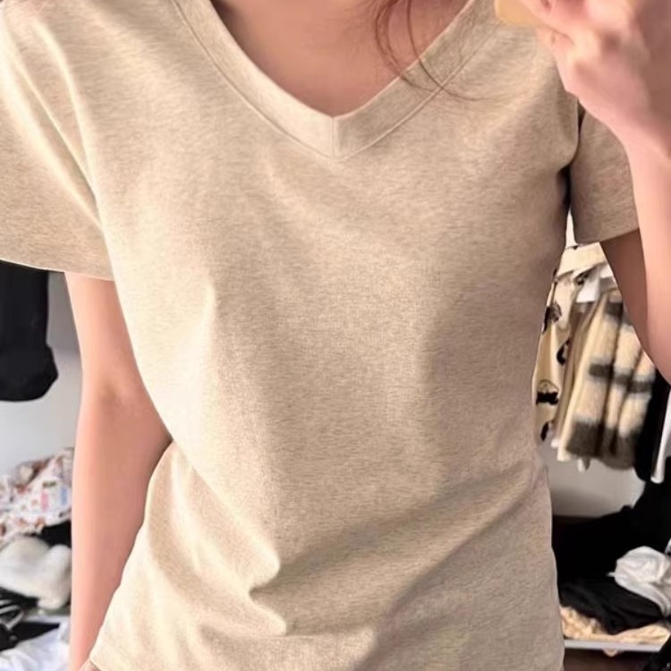 通勤正肩短袖V领t恤女夏季薄款纯棉修身显瘦合身百搭灰色弹力上衣