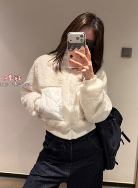 FAFA PRETTY 美系立领羊羔毛短外套2026冬季保暖拼接菱格纹外套