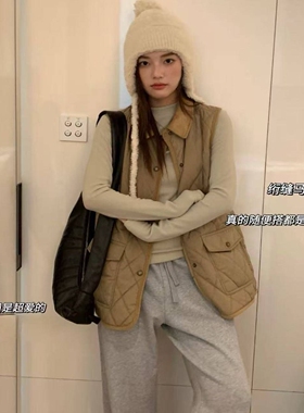 FAFA PRETTY马甲女菱格绗缝拼接翻领棉服女士2026年新款马夹外套