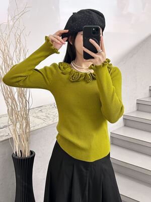 2025秋冬新款花朵毛衣圆领针织衫内搭小衫设计感打底衫女可单穿