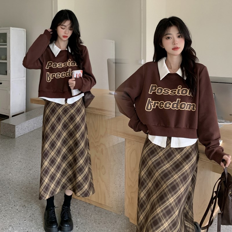 大码字母印花长袖卫衣春季新款复古格子半身裙胖mm显瘦两件套装女