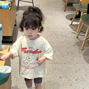 女童时髦百搭圆领短袖 宝宝可爱卡通纯棉宽松上衣 t恤2025夏季 新款