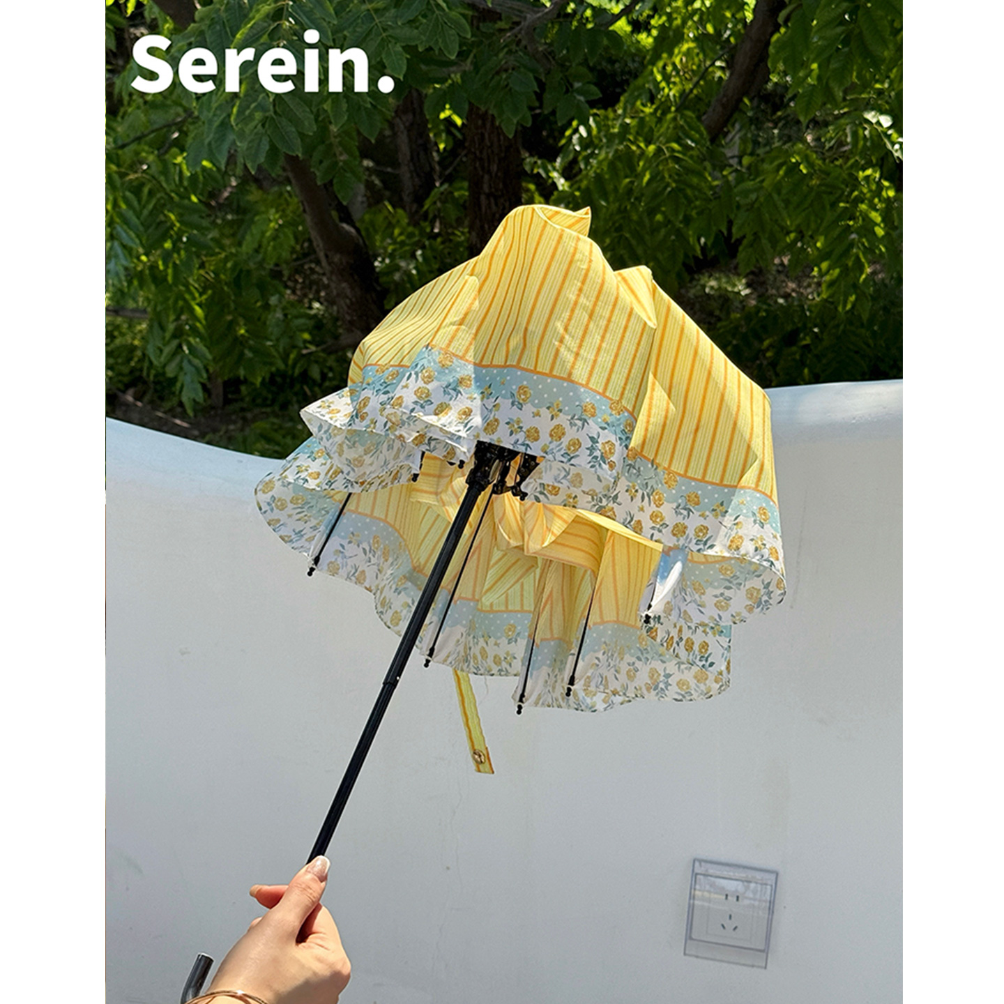 Serein黄玫瑰太阳伞防晒防紫外线晴雨伞两用女手动折叠弯钩遮阳