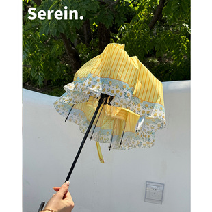 Serein黄玫瑰太阳伞防晒防紫外线晴雨伞两用女手动折叠弯钩遮阳