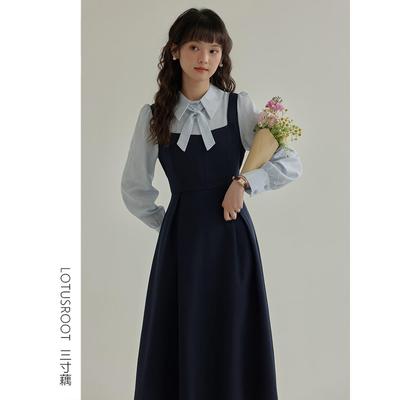 【三寸藕】春季2024年新款文艺学院风连衣裙女装假两件长袖长裙子