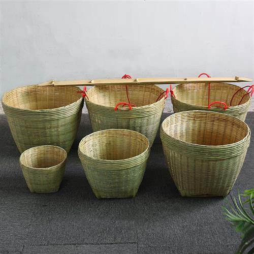 竹编箩筐收纳筐淘米箩粮食竹筐竹制品竹篓喜事筐演出大号竹篮扁担