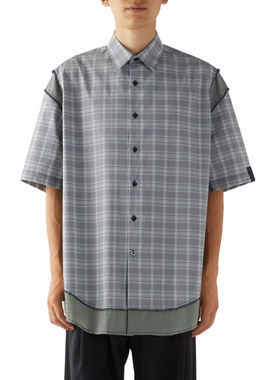 N.HOOLYWOOD 经典复古街头休闲美式宽松拼接格纹半袖衬衫灰色