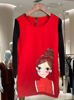 2026春季新款韩版宽松显瘦百搭圆领卡通印花红色连衣裙