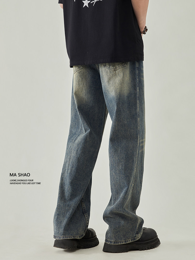 AMERICAN HIGH STREET RETRO FLEECE JEANS MENS WIDE-LEG LOOSE STRAIGHT BOOTCUT VIBE PANTS 2024 AUTUMN AND WINTER NEW