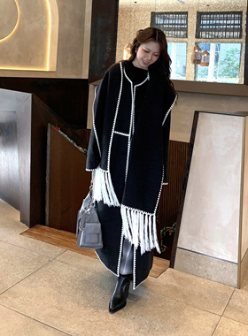 UNCODED25冬羊毛鹅绒大衣假两件羊毛打底衫流苏斜围裹式羊毛半裙