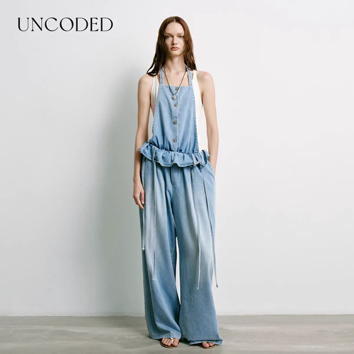 Uncoded26夏蓝色复古直筒牛仔裤挂脖芭蕾风连体裤女新款KWLR2L293