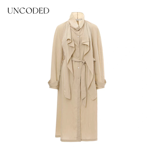 Uncoded26秋卡其优雅荷叶领连衣裙女复古温柔风配：腰带KWLA1L021
