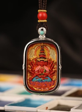 灵丹真朱砂一生安彩绘本命佛吊坠S925纯银镶嵌项链送礼天然原矿
