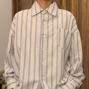 衬衫 山月拾酒 春秋冬复古日系简约复古小众休闲方领廓形条纹长袖