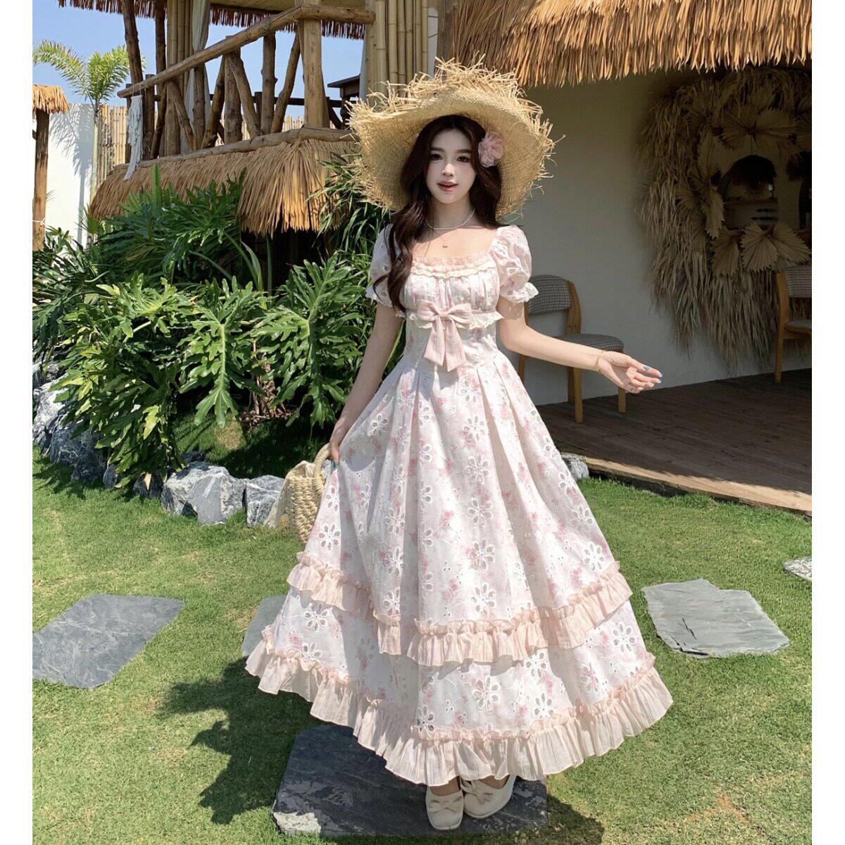 大尺码胖mm绝美印花镂空蝴蝶结洋装女夏季泡泡袖荷叶边方领a字裙