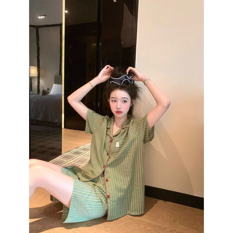韩版条纹睡衣女夏季云朵棉开衫短袖套装家居服薄款可外穿跨境批发