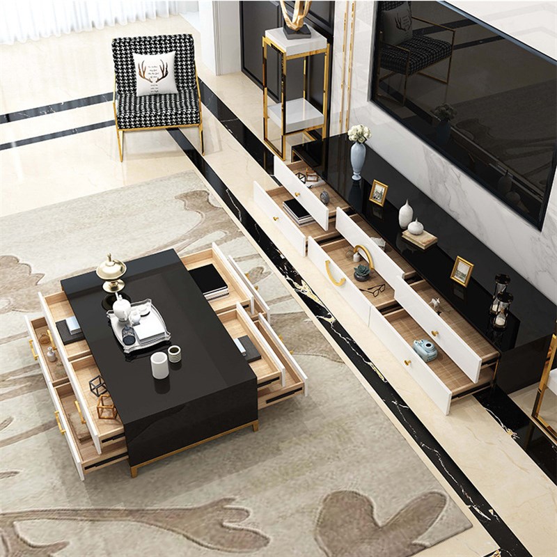 轻奢现代圆环拉手电视柜客厅家具茶几地柜钢化玻璃台面储物柜组合