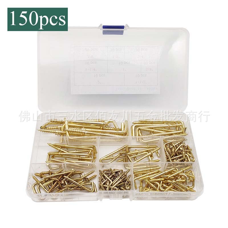150pcs/盒 镀黄铜金属旋入式方形弯钩弯钩自攻螺丝钩镀黄铜直角钩