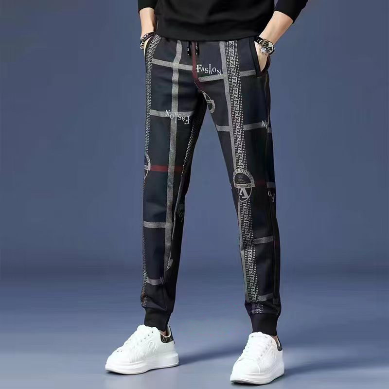 2025潮牌格子休闲长裤男秋冬新款潮流印花修身裤子束脚运动裤卫裤