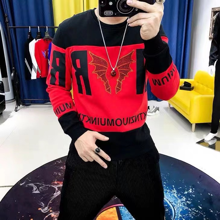 卫衣男2024秋冬新款ins拼色潮流上衣加绒个性修身圆领时尚打底衫