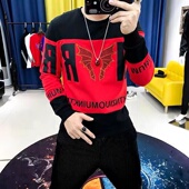 ins拼色潮流上衣加绒个性 修身 圆领时尚 卫衣男2024秋冬新款 打底衫