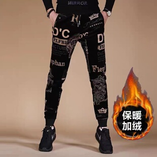 男士 百搭加绒弹力束脚印花长裤 秋冬新款 时尚 潮 潮牌运动裤 休闲长裤