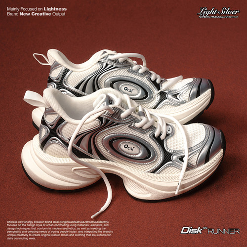 【明星同款】Ocai“Disk Runtech”银白色飞碟跑鞋情侣运动老爹鞋