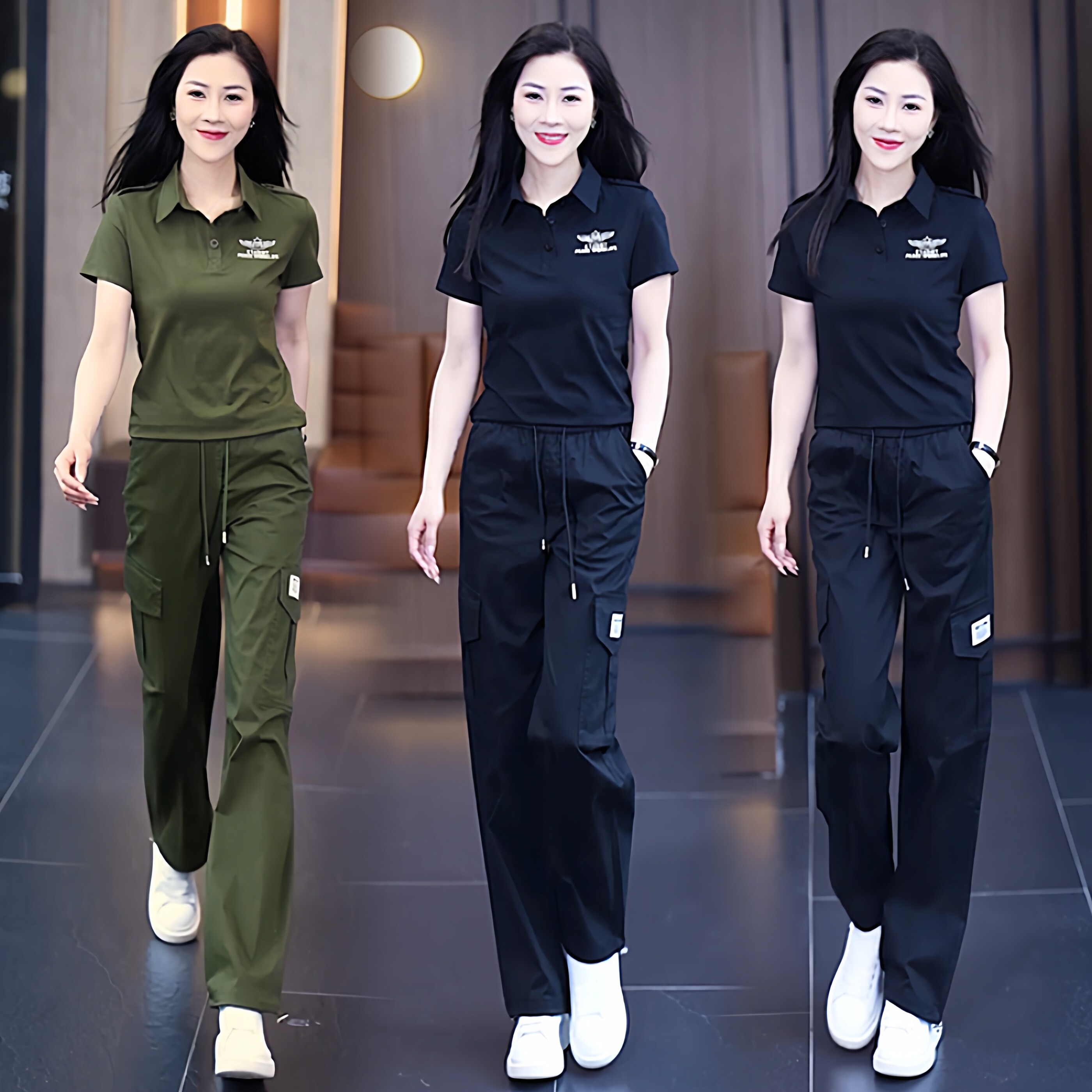 夏季新款迷彩服套装女装黑色短袖休闲工装长裤显瘦束脚直筒裤帅气