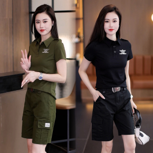 时尚迷彩服套装女夏季新款显瘦短袖休闲运动工装五分短裤两件套潮