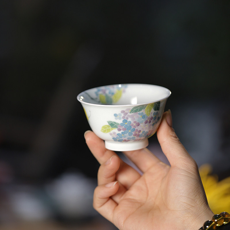 大魚美器釉下彩绣球花白茶杯景德镇纯手工茶杯主人杯茶具礼物礼品