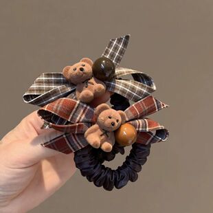 格纹蝴蝶结植绒小熊发圈韩系可爱百搭扎马尾头绳发饰秋冬新款 发绳
