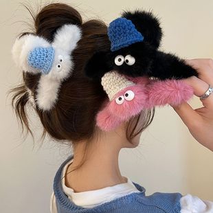 毛ins小众~秋冬可爱发夹女后脑勺毛绒抓夹鲨鱼夹冬季毛茸茸高级感