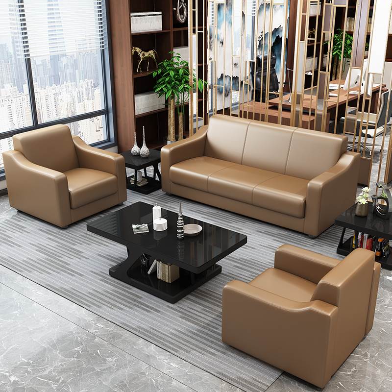 办公沙发商务接待会客办公室现代时尚皮艺简约三人位茶几组合套装
